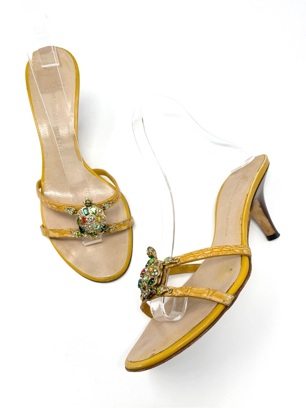 Vintage Giuseppe Zanotti Yellow Gold Crystal Turtle Sandals Kitten Heels 36 6